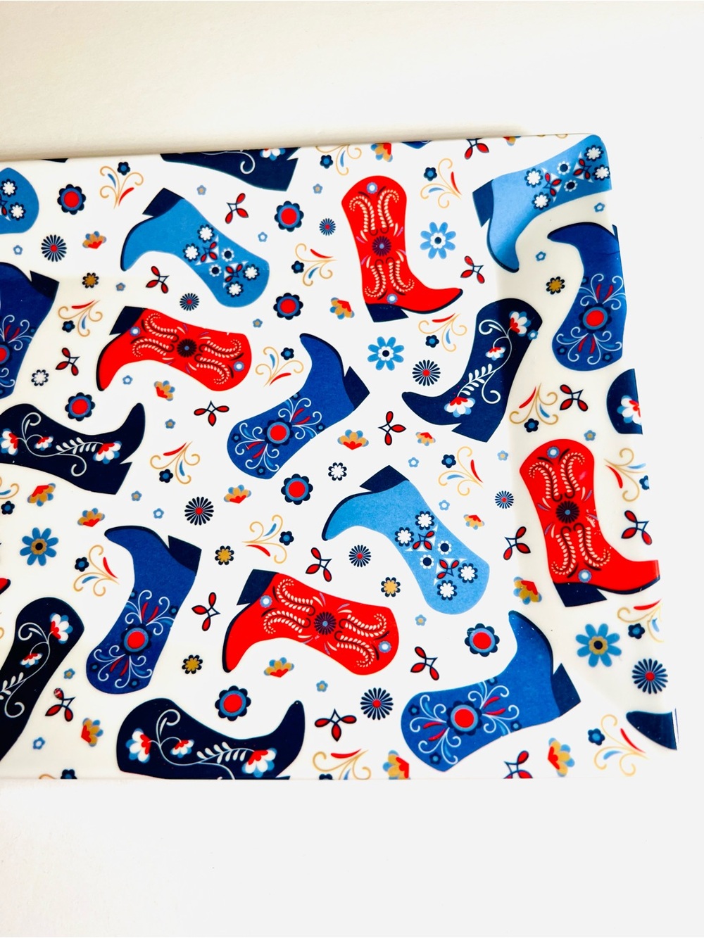 Patriotic Melamine Platter Red & Blue Western Cowgirl Cowboy Boots Americana - Picture 6 of 10